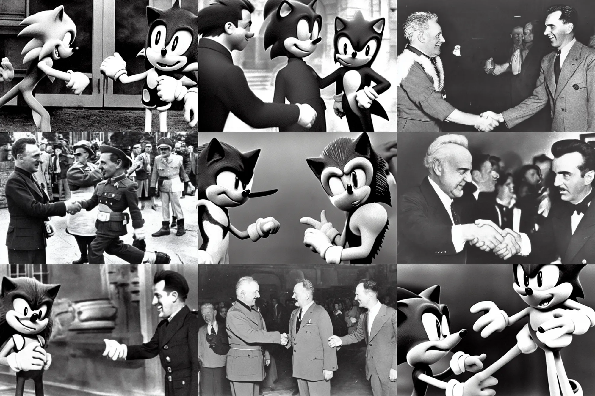 Prompt: sonic the hedgehog shaking hands with staline, archive photo, 1 9 5 1, black and white