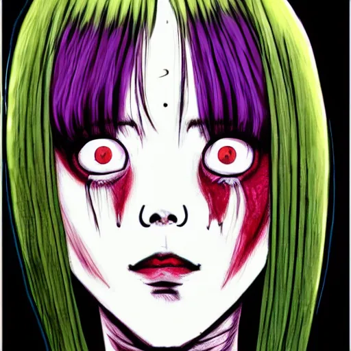 Image similar to a white girl withblack hair by junji ito, colored, realistic, horror