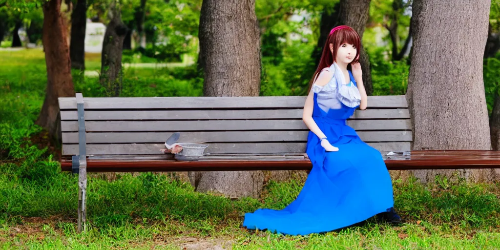 Prompt: Anime girl in a blue dress sitting on a park bench, colorful lighting