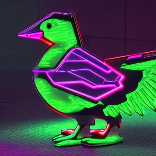 Prompt: a cybertronic duck, metallic, glowing, neon wings, sharp orange beak, unreal engine