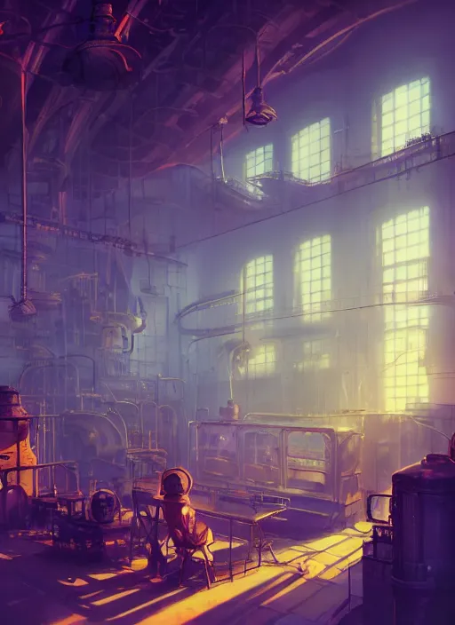 Image similar to beautiful interior of a steampunk factory, james gilleard, delphin enjolras, goro fujita, makoto shinkai, paul lehr, volumetric lighting, octane render, very coherent, trending on artstation