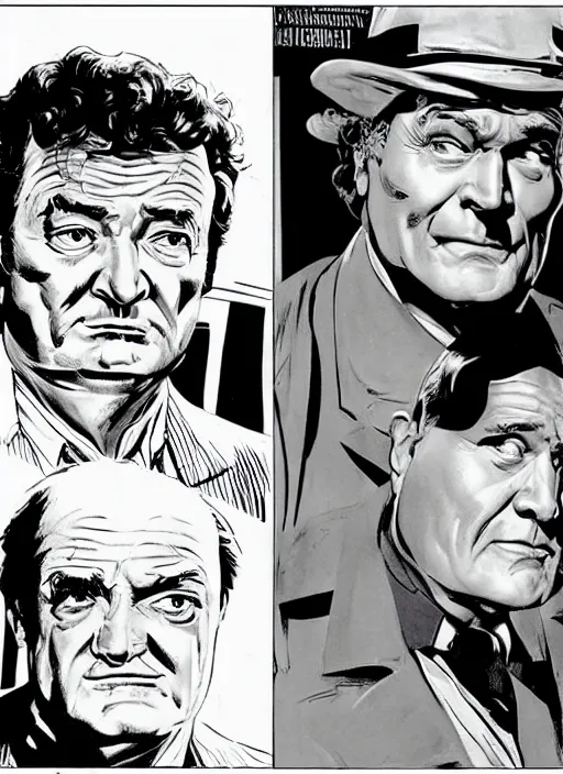 Image similar to Columbo and E. G. Marshall as Upson Pratt, comic book panels, artwork by Bernie Wrightson, detailed