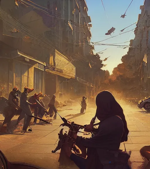 Image similar to highly detailed painting of iranian revolution in gta v, stephen bliss, unreal engine, fantasy art by greg rutkowski, loish, rhads, ferdinand knab, makoto shinkaib and lois van baarle, ilya kuvshinov, rossdraws, tom bagshaw, global illumination, radiant light, detailed and intricate environment