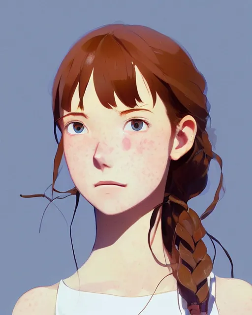 Image similar to young southern woman, freckle, ginger hair, sad cerulean eyes, simple cream dress, detailed perfect face, exquisite details, mid view, design on a white background, by studio muti, greg rutkowski makoto shinkai takashi takeuchi studio ghibli