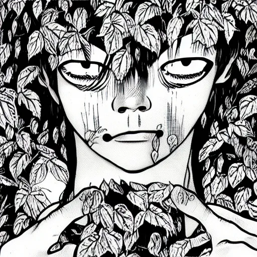 Prompt: a lush vine covered portrait by junji ito