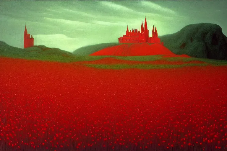 Image similar to only with red, red flowers of different types, a castle in the background, red giants rest over the flowers, in the style of beksinski, part by hopper, part by rodcenko, part by hofbauer, intricate composition, red by caravaggio, insanely quality, highly detailed, masterpiece, red light, artstation, 8 k