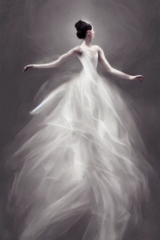Prompt: prima ballerina dancing in the wind, beautiful face, ethereal, bride, beautiful wedding dress, gorgeous, volumetric lighting, elegant, fluid, very highly detailed, digital painting, concept art, illustration, limited color palette, atmosphere and tension, trending on artstation