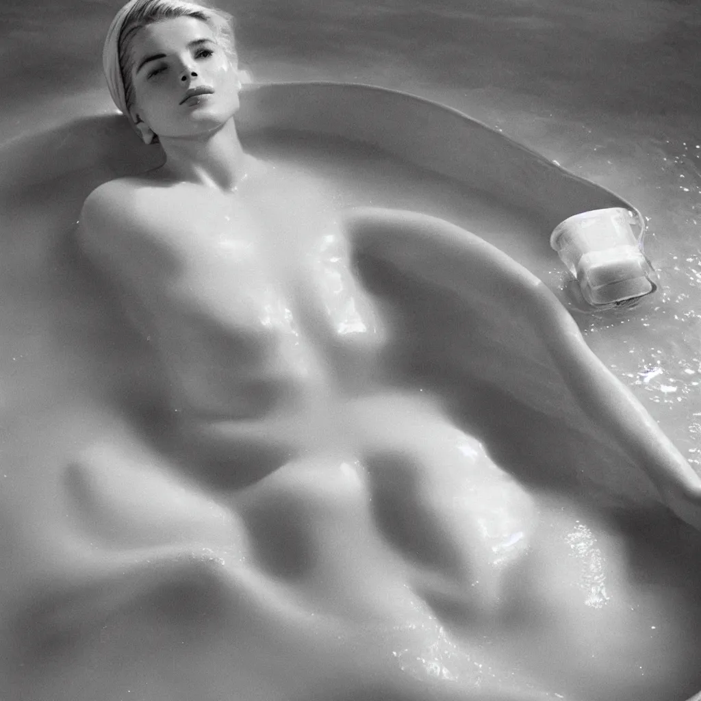 Image similar to Herb Ritts high-contrast color photo of Grace Kelly emerging from a milk bath, vignette, grainy film, shallow depth of field