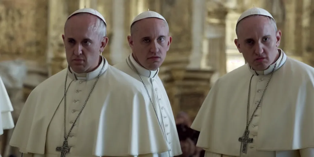 Image similar to film frame of the pope and eminem doing a rap freestyle 4 k quality rule of thirds eminem's face detail cinematic color grading by christopher nolan. two only main characters.