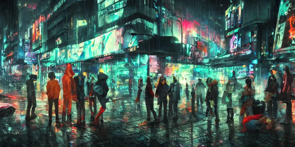 Prompt: teenagers with tech clothing and hoods and futuristic gas masks painting giant graffitis on the walls of a dystopian city, neon lights, sci - fi, night lights, rain and haze, concept art, intricate, photorealistic, in the style of katsuhiro otomo, akira, octane render, rtx, hdr, unreal engine