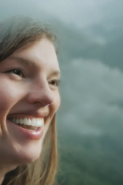 Image similar to film still, extreme close-up, woman smile, fog, mountains in distance, 35mm