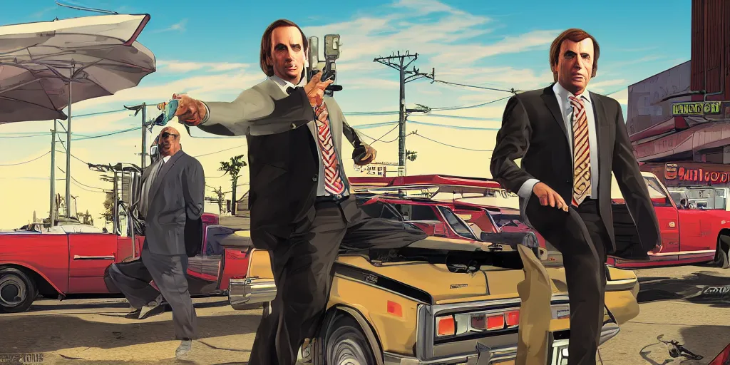 Prompt: saul goodman in gta v, cover art by stephen bliss, boxart, loading screen, 8 k resolution