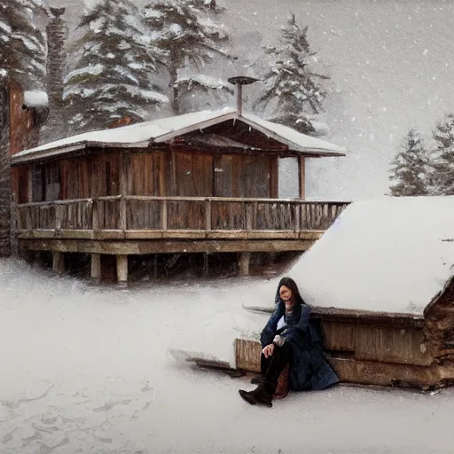 Prompt: adelaide kane sitting on the porch to a large snowy wooden cabin, artstation, jakub rozalski, high detail