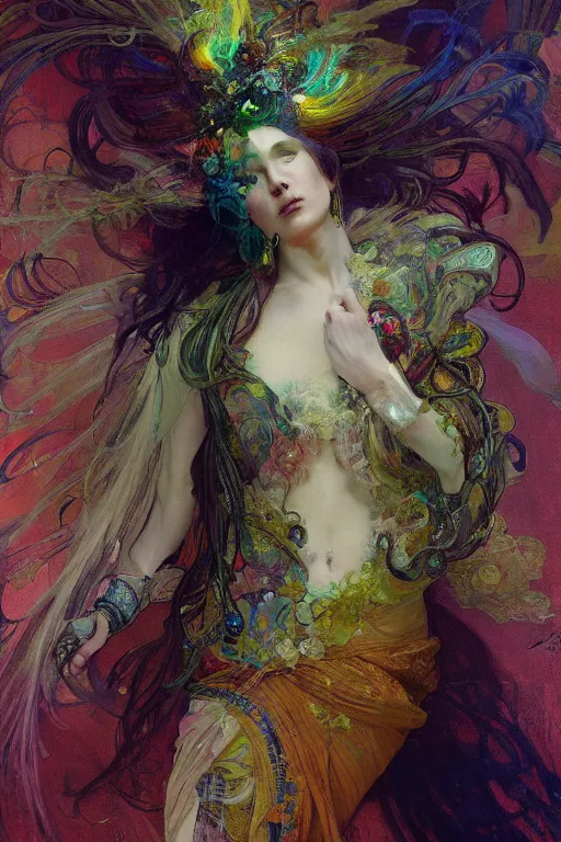 Prompt: a beautifull intricate painting of a disembodied soul wearing a feathered cloak surrounded by tendrils, flying silk, vivid colors, artstation, by jeremy mann, by alphonse mucha,