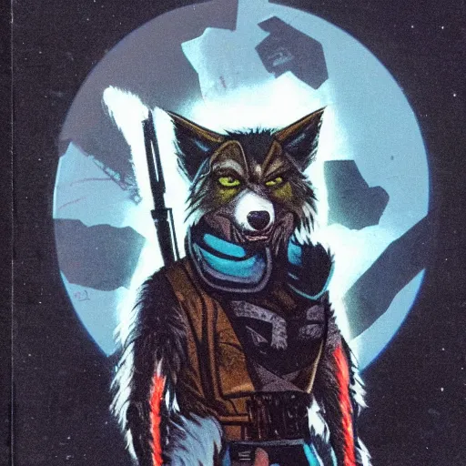 Image similar to 1 9 8 0 s video game art of anthropomorphic wolf o'donnell from starfox fursona furry wolf in a dark space mercenary uniform, looking heroic, magazine scan, 8 0 s game box art, dark grey wolf o'donnell