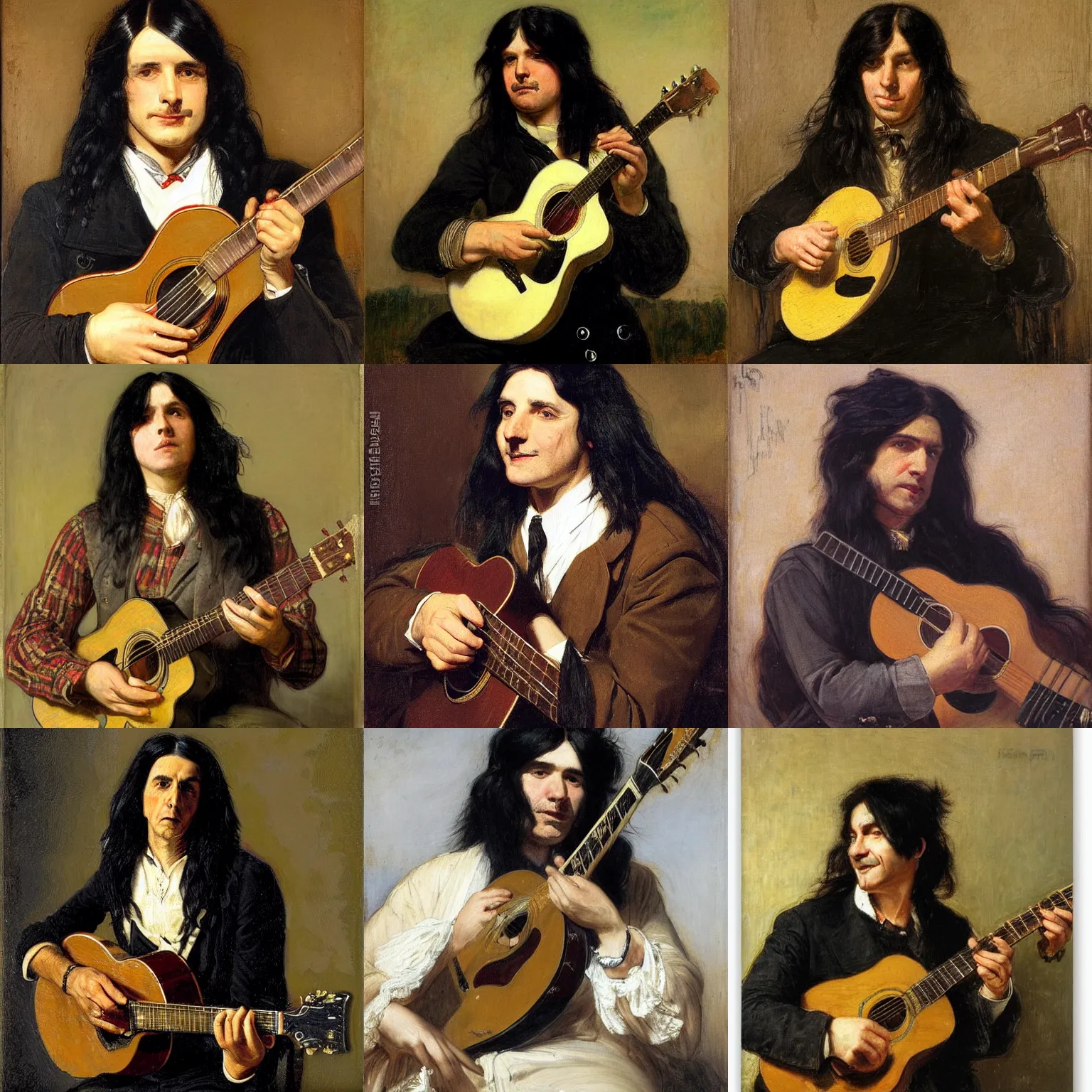 Prompt: a portrait of a man with long black hair playing guitar by samuel luke fildes