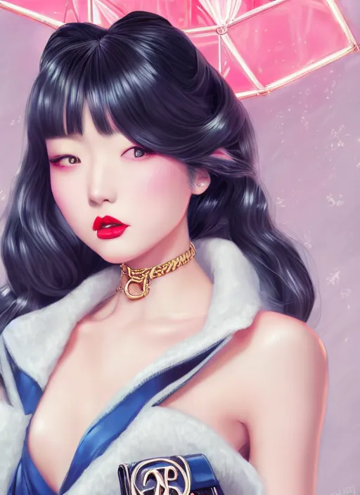 Image similar to a pin up and beautiful fashion dreamlke japan girl with lv jewelry, character art, art by artgerm, wlop, loish, hyperdetailed, 8 k realistic, symmetrical, global illumination, radiant light, frostbite 3 engine, cryengine, dof, trending on artstation, digital art, chanel, dior, detailed background