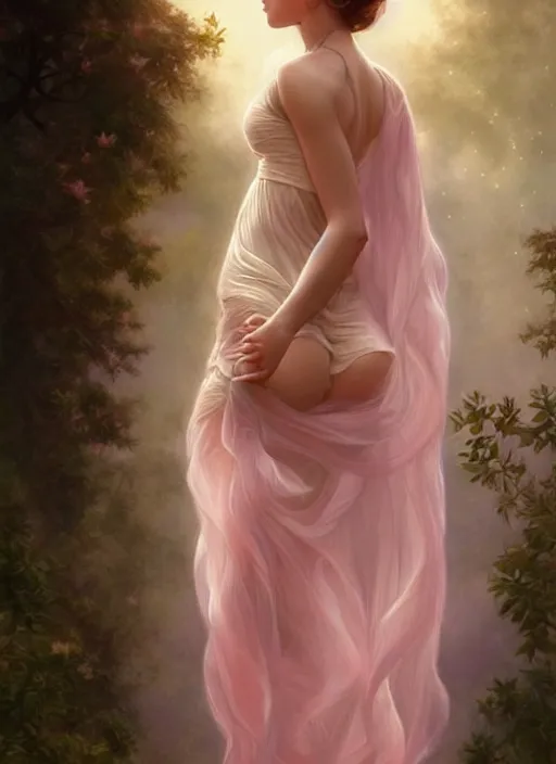 Prompt: emma watson as nature magic celestial, long hair, soft pink and white transparent cloth, space, D&D, shiny background, intricate, elegant, highly detailed, digital painting, artstation, concept art, smooth, sharp focus, illustration, artgerm, bouguereau