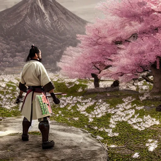 Image similar to highly detailed samurai with katana standing in ruined Japanese village, cherry blossom trees, mountains in background, epic, photorealistic, 8k octane render