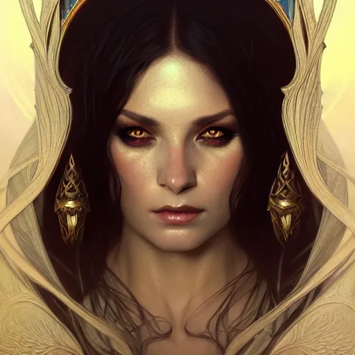 Image similar to Portrait of female sorceress, dark fantasy, medium shot, intricate, elegant, highly detailed, digital painting, artstation, concept art, smooth, sharp focus, illustration, art by artgerm and greg rutkowski and alphonse mucha