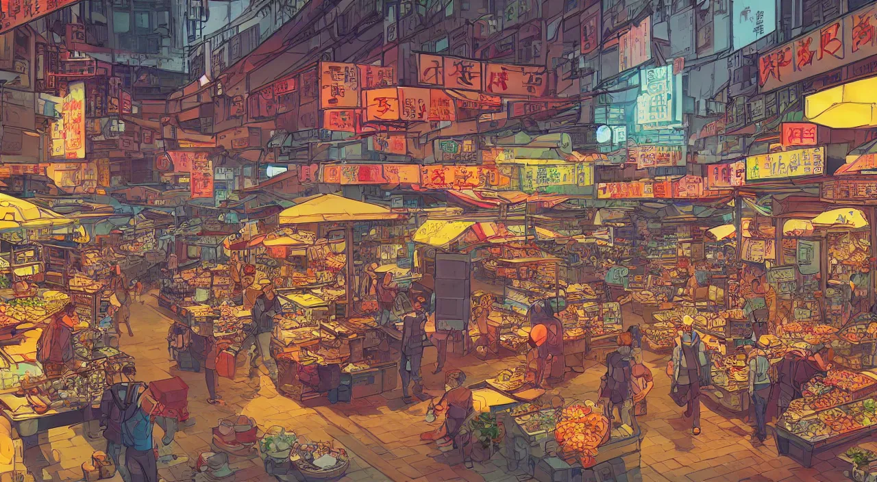 Prompt: a market in hong kong painting stylized digital illustration video game icon global illumination ray tracing neon that looks like it is from borderlands and by feng zhu and loish and laurie greasley, victo ngai, andreas rocha, john harris