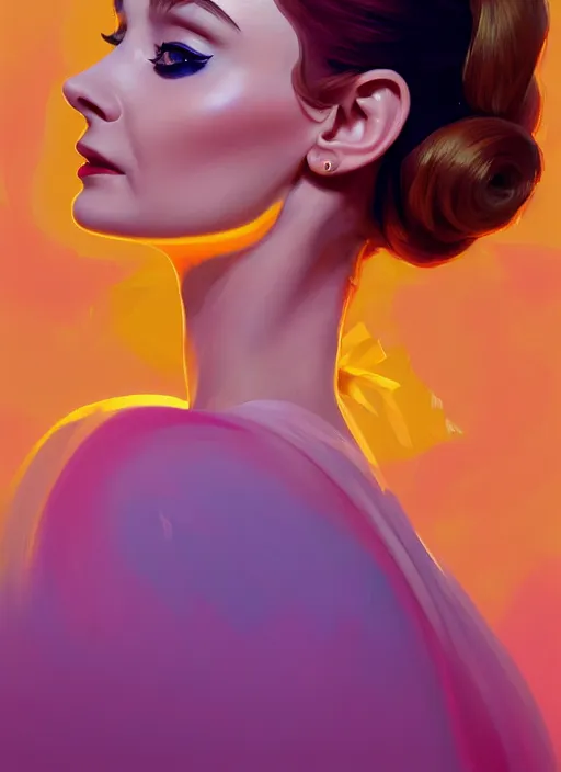 Prompt: side profile centered painted portrait, audrey hepburn as golden fairy, d & d, gloomhaven, matte painting concept art, art nouveau, beautifully backlit, swirly vibrant color lines, fantastically gaudy, aesthetic octane render, 8 k hd resolution, by ilya kuvshinov and cushart krentz and gilleard james