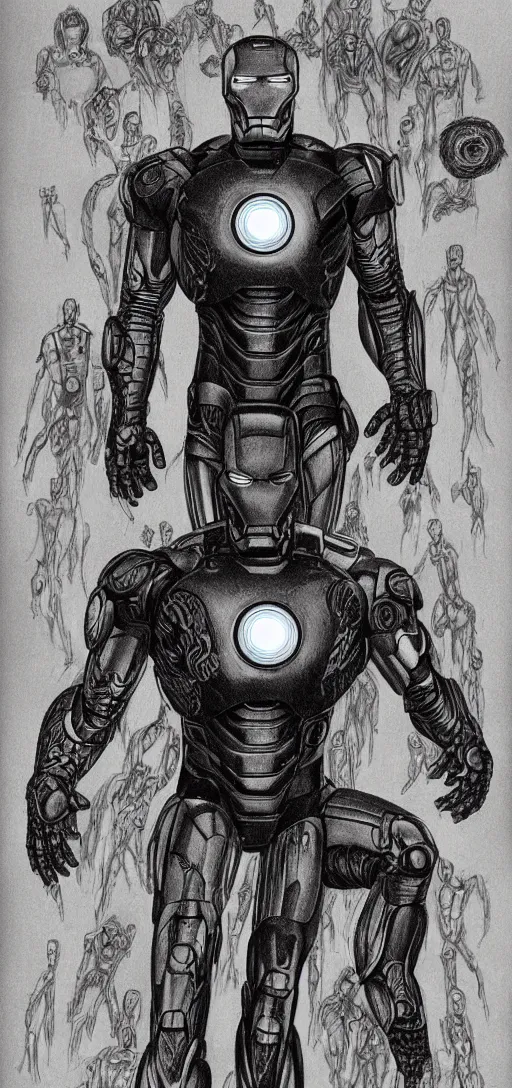 Image similar to iron man drawn in the style of hr giger, body horror, creepy, weird