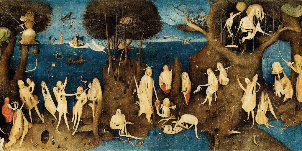 Prompt: in the endless forest there was a blue sea, and five men in suits stood evenly, holding out their hands in the direction of the sea ， by hieronymus bosch