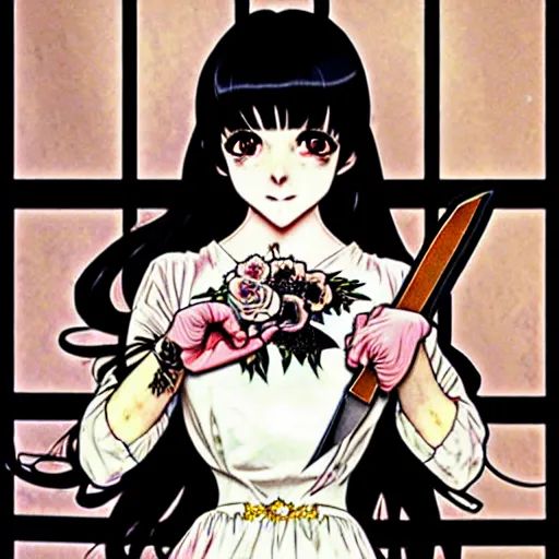 Prompt: portrait of a morbid 18 year old youth wearing a pretty little dress with straight silky black hair, in a butcher shop, holding a butcher knife. insanely and epically detailed high-quality small details, exquisitely detailed soft shadowing, epic pencil illustration, by Range Murata and by Alphonse Mucha and by Katsuhiro Otomo.