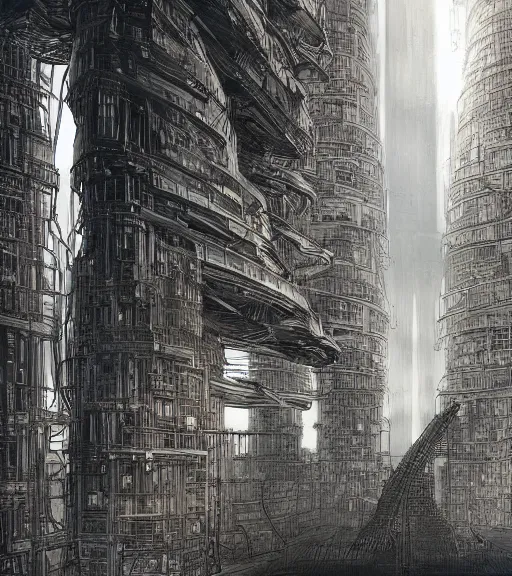 Image similar to tarkovsky scene, epic ancient tower of babylon below a woman in transparent cyber clothing, hyperrealistic, blame, manga style, by tsutomu nihei, cyber architecture, concept art, hyper - detailed, smooth, masterpiece, epic, cinematic, high quality