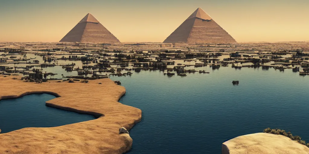 Prompt: beautiful egypt landscape, environment, lake, film, dramatic, cinematic, highly detailed, mid day, large scale, hyperrealistic, realistic lighting, octane render, by wlop, artgerm, trending on artstation hd, 8 k, clear, sharp