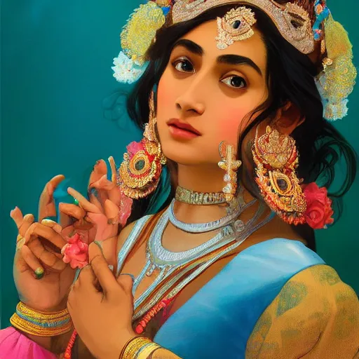 Prompt: close up portrait shot of a beautiful east indian princess wearing flowing colourful clothes, highly detailed face, detailed eyes, alphonse mucha, rhads, ross tran, artstation, artgerm, octane render, 1 6 k