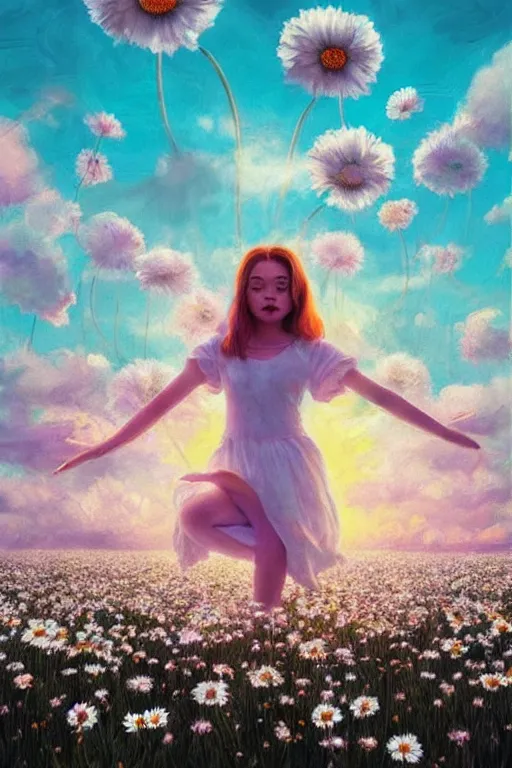 Prompt: floating white daisy flower as head, girl dancing in a flower field, surreal photography, sunrise, dramatic light, impressionist painting, colorful clouds, digital painting, artstation, simon stalenhag