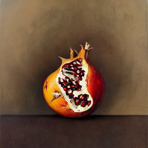 Image similar to an oil painting of a pomegranate by esao andrews. circa survive album cover art. dark. muted colors. gothic. oil painting with brush strokes. creepy.