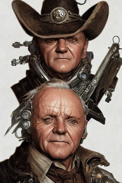 Image similar to anthony hopkins steampunk half - cyborg cowboy, pelt coats, high fantasy, dnd, smooth, sharp focus, illustration, highly detailed, digital painting, artstation, concept art, by rossdraws, alphonse mucha, frank fanzzeta, collectible card art