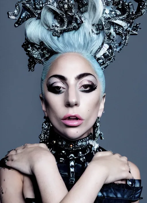 Prompt: lady gaga styled by nick knight posing, photohoot, set pieces, intricate set, vogue magazine, canon, highly realistic. high resolution. highly detailed. dramatic. 8 k. 4 k.