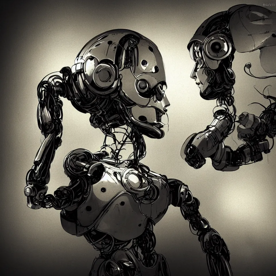 Image similar to robot with a headphone by ben templesmith, dynamic lighting, cinematic, epic composition, masterpiece