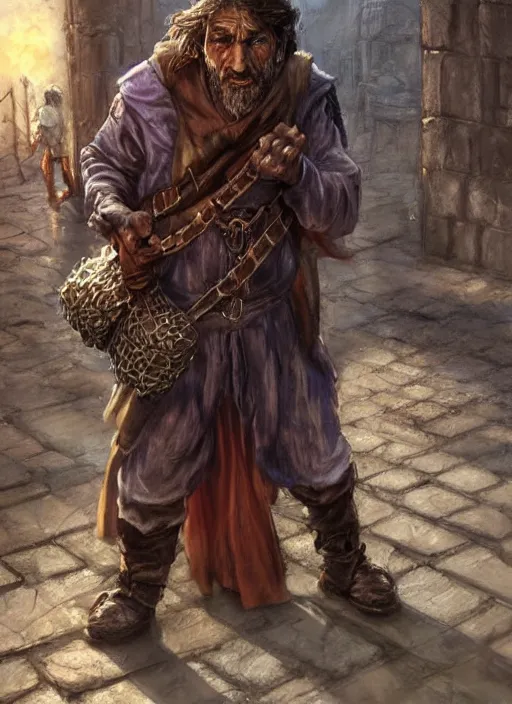 Image similar to immigrant poor beggar on the streets, ultra detailed fantasy, dndbeyond, bright, colourful, realistic, dnd character portrait, full body, pathfinder, pinterest, art by ralph horsley, dnd, rpg, lotr game design fanart by concept art, behance hd, artstation, deviantart, hdr render in unreal engine 5