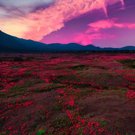 Prompt: the sky is a deep purple, with swirls of pink and orange. the ground is red and rocky, with strange plants growing in patches. there is a river of green liquid, and in the distance, you can see a mountain range.