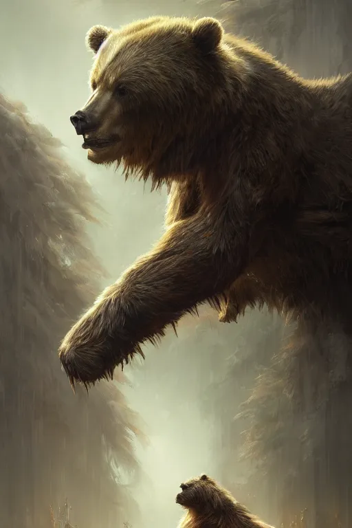 Image similar to a portrait of a mechanical Bear by Greg Rutkowski, Sung Choi, Mitchell Mohrhauser, Maciej Kuciara, Johnson Ting, Maxim Verehin, Peter Konig, final fantasy , mythical, 8k photorealistic, cinematic lighting, HD, high details, atmospheric,