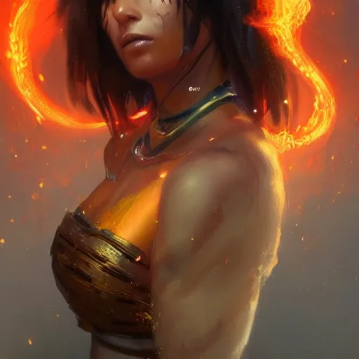 Image similar to a beautiful portrait of a fire goddess by greg rutkowski and raymond swanland, trending on artstation, flaming background, ultra realistic digital art