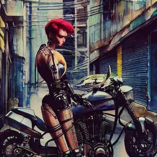 Prompt: a robotic female is leaning on a motorcycle, in a grunge looking alley, wires hanging across windows, Motorbike Cyberpunk by ptitvinc female Blade Runner rogue , Nice colour scheme, soft warm colour. Studio Gibli. Beautiful detailed watercolor by Lurid. (2022)