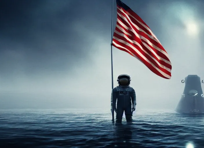 Image similar to astronaut holding a flag in an underwater desert. a submarine is visible in the distance. dark, concept art, cinematic, dramatic, atmospheric, 8 k, trending on artstation, blue, fish, low visibility, fog, ocean floor, christopher nolan, interstellar