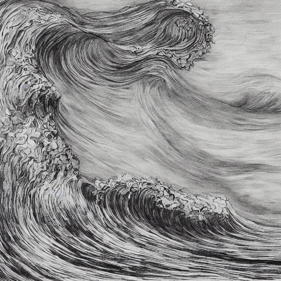 Image similar to an beautiful painting of one single hawaiian wave painted by albrecht durer, monochromatic color scheme, high detail, breathtaking wave, lineart!, line art, soft colors, simplicity, charcoal drawing