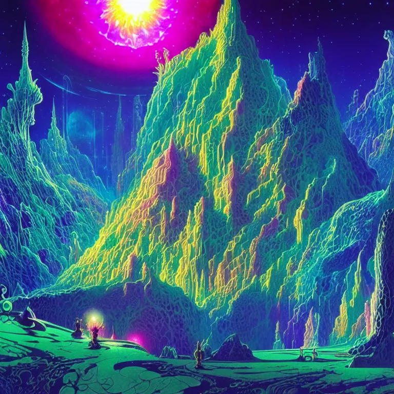 Image similar to mysterious satellites over epic mystical crystal temple, infinite fractal tesseract, quantum waves, synthwave, bright neon colors, highly detailed, cinematic, eyvind earle, tim white, philippe druillet, roger dean, ernst haeckel, lisa frank, aubrey beardsley, kubrick
