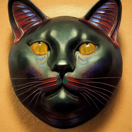 Image similar to cloisonne cat head sculpture, by annie swynnerton and diego rivera and nicholas roerich and jean delville, symbolist, dramatic lighting, god rays, art brut, rich colors, smooth, sharp focus, extremely detailed, adolf wolfli