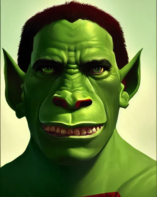 Image similar to « a portrait of a green orc chief, a character portrait by paul kelpe, reddit contest winner, sots art, ilya kuvshinov, 2 d art, parallax »