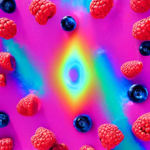 Image similar to raspberry, blueberry, vanilla smoothie explosion, intricate complexity, inverted neon rainbow drip paint, trending on art station, photoreal, 8 k, octane render