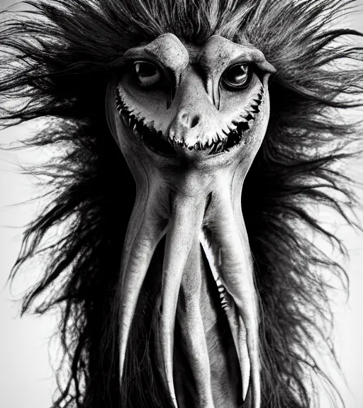 Prompt: Award winning Editorial up-angled photograph of Early-medieval Scandinavian Folk ostrich-shark Baring its teeth with very long curly incredible hair and fierce hyper-detailed eyes with a hand on its chin by Lee Jeffries and David Bailey, 85mm ND 4, perfect lighting, a heart-shaped birthmark on the forehead, dramatic highlights, wearing traditional garb, With very huge sharp jagged Tusks and sharp horns, gelatin silver process