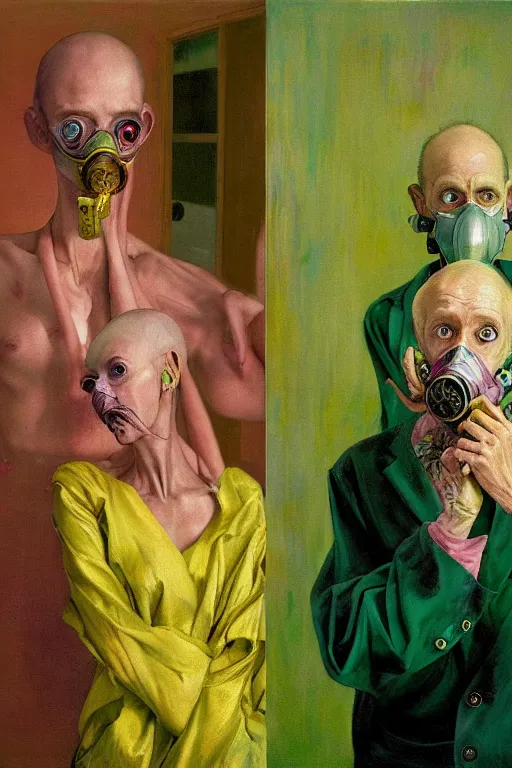 Prompt: two skinny old people with extra limbs, wearing gas masks standing inside a deserted hospital room, draped in gold, pink and green, Ayami Kojima, Karol Bak, hauntingly surreal, highly detailed painting by Francis Bacon, part by Edward Hopper, part by Adrian Ghenie, part by Gerhard Richter, Soft light 4K,